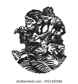 A primate with a cub in the jungle foliage. Graphic hand drawing sketch. Vector