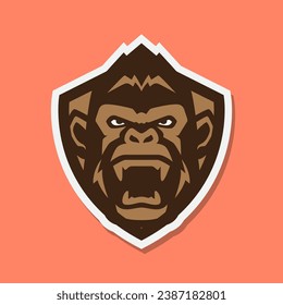 primate gorilla portrait roar with shield wildlife beast fang modern colorful mascot character sticker logo design vector icon illustration