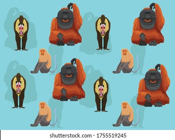 Primate Mandrill Orangutan Proboscis Monkey Vector Seamless Background Wallpaper-01