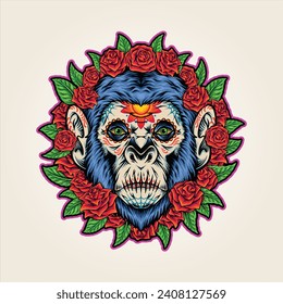 Primate paradise monkey sugar skull blossom vector illustrations for your work logo, merchandise t-shirt, stickers and label designs, poster, greeting cards advertising business company or brands