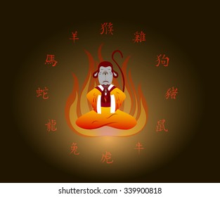 Primate sitting in the lotus position. Translation of hieroglyphs: monkey, rooster, dog, pig, rat, ox, tiger, rabbit, dragon, snake, horse, goat. EPS10 vector illustration.