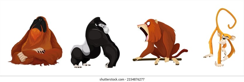 Primate species icons orangutang gorilla cynocephalus monkey