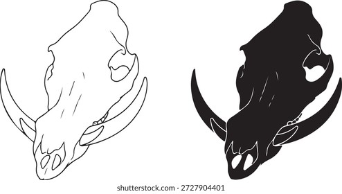 Primate-like skull profile featuring large curved tusks, presented both as an empty line drawing and a completely filled dark shape for design contrast