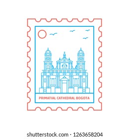 PRIMATIAL CATHEDRAL BOGOTA postage stamp Blue and red Line Style, vector illustration