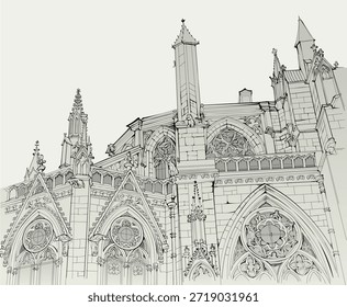 Primatial Cathedral of St Andrew of Bordeaux. Drawing from nature. Sketch of beautiful northern facade. A masterpiece of French Gothic. Hand drawn vector illustration.