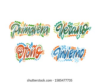 Primavera, verano, otono, inverno.Seasons name in Spanish. Hand Lettering word. Handwritten modern brush typography sign. Greetings for icon, logo, badge, cards, poster, banner, tag. Colorful 