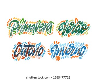 Primavera, verao, outono, inverno. Seasons name in Spanish. Hand Lettering word. Handwritten modern brush typography sign. Greetings for icon, logo, badge, cards, poster, banner, tag. Colorful 