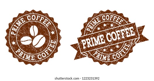 Prime Coffee rubber stamps. Vector seals in chocolate color with round, ribbon, rosette, coffee bean elements. Grainy design and scratched texture are used for Prime Coffee rubber imprints.