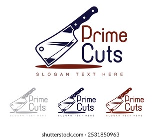 El logotipo de Prime Cuts presenta un icono de cuchilla, perfecto para carnicerías, asadores o empresas cárnicas. Texto personalizable, líneas limpias y diseño moderno. Formato de Vector. Palabras claves: butcher, cleaver, logo,