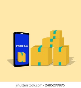 Prime day event banner. A smartphone with package box on bright brown background to celebrate on July 12th