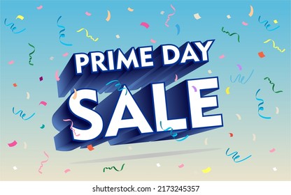 Prime day sale Banner with flying confetti pieces and typography and extrude effect. Sale background.