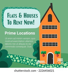 Prime locations for flats and houses to rent. Apartment or mansion for vacation and rest. Facade and exterior of home. Building for relaxation, dwelling for living, special offer. Vector in flat style