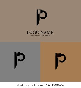 Prime logo design template. Vector alphabet letter P background illustration of a fork and knife. Graphic food icon symbols for cafes, restaurants, cooking businesses. Modern catering labels, emblems.