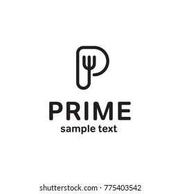 Prime logo design template. Vector alphabet letter P fork illustration background. Graphic food icon symbol for cafe, restaurant, cooking business. Modern black linear catering label, emblem, badge