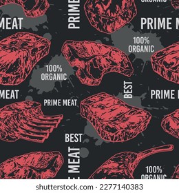 Prime meat colorful pattern seamless with raw beef steaks and ribs for grilling or BBQ vector illustration