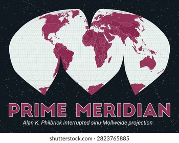 Prime Meridian. World map. Alan K. Philbrick interrupted sinu-Mollweide projection centered to Prime Meridian. Pale Mint Dark Pink palette. Vintage texture. Authentic vector illustration.