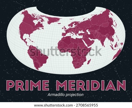 Prime Meridian. World map. Armadillo projection centered to Prime Meridian. Pale Mint Dark Pink palette. Vintage texture. Captivating vector illustration.