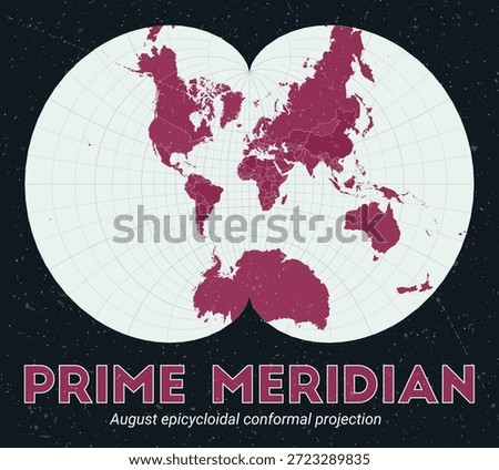 Prime Meridian. World map. August epicycloidal conformal projection centered to Prime Meridian. Pale Mint Dark Pink palette. Vintage texture. Classy vector illustration.