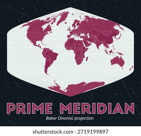 Meridiano Primo. Mapa do mundo. Baker Dinomic projection centrado em Prime Meridian. Paleta de menta pálida rosa escuro. Textura vintage. Ilustração do vetor de tendências.