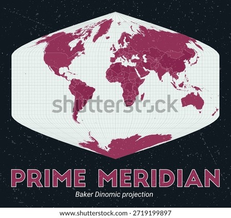 Prime Meridian. World map. Baker Dinomic projection centered to Prime Meridian. Pale Mint Dark Pink palette. Vintage texture. Trending vector illustration.