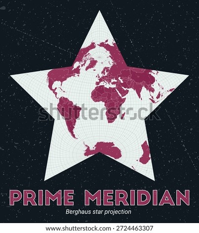 Prime Meridian. World map. Berghaus star projection centered to Prime Meridian. Pale Mint Dark Pink palette. Vintage texture. Awesome vector illustration.