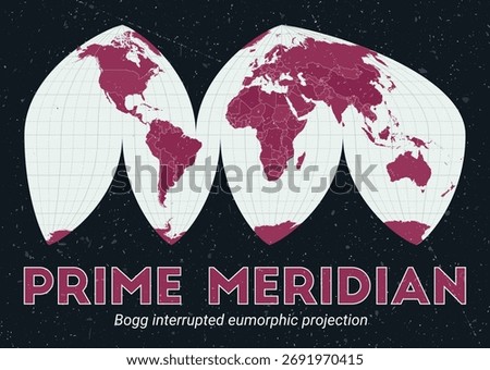 Prime Meridian. World map. Bogg interrupted eumorphic projection centered to Prime Meridian. Pale Mint Dark Pink palette. Vintage texture. Modern vector illustration.