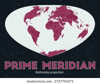 Meridiano Primo. Mapa do mundo. Projeção de Bottomley centrada em Prime Meridian. Paleta de menta pálida rosa escuro. Textura vintage. Bela ilustração vetorial.
