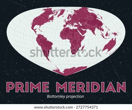 Prime Meridian. World map. Bottomley projection centered to Prime Meridian. Pale Mint Dark Pink palette. Vintage texture. Beautiful vector illustration.