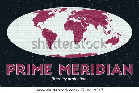 Prime Meridian. World map. Bromley projection centered to Prime Meridian. Pale Mint Dark Pink palette. Vintage texture. Trending vector illustration.