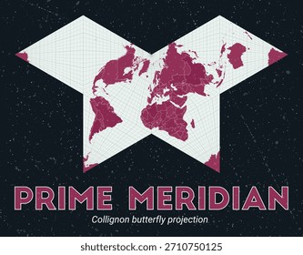 Meridiano Primo. Mapa do mundo. Projeção de borboleta de Collignon centrada em Prime Meridian. Paleta de menta pálida rosa escuro. Textura vintage. Incrível ilustração vetorial.