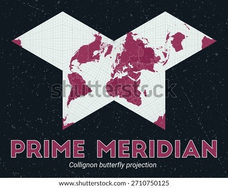 Prime Meridian. World map. Collignon butterfly projection centered to Prime Meridian. Pale Mint Dark Pink palette. Vintage texture. Awesome vector illustration.