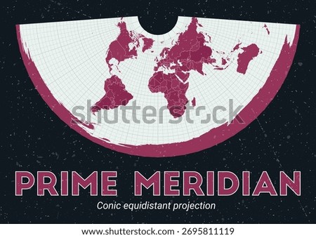 Prime Meridian. World map. Conic equidistant projection centered to Prime Meridian. Pale Mint Dark Pink palette. Vintage texture. Amazing vector illustration.