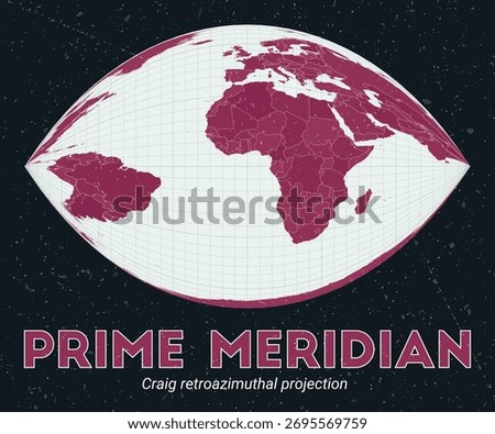 Prime Meridian. World map. Craig retroazimuthal projection centered to Prime Meridian. Pale Mint Dark Pink palette. Vintage texture. Elegant vector illustration.