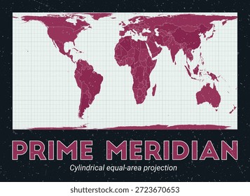 Primer Meridiano. Mapa mundial. Proyección cilíndrica de igual área centrada en el Meridiano Prime. Pale Mint Dark Pink. Textura de Antiguas. Ilustración vectorial encantadora.