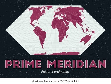 Meridiano Primo. Mapa do mundo. Projeção de Eckert II centrada em Prime Meridian. Paleta de menta pálida rosa escuro. Textura vintage. Ilustração de vetor encantador.