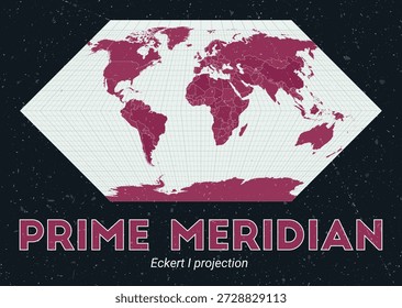 Meridiano Primo. Mapa do mundo. Projeção de Eckert I centrada em Prime Meridian. Paleta de menta pálida rosa escuro. Textura vintage. Ilustração de vetor vibrante.