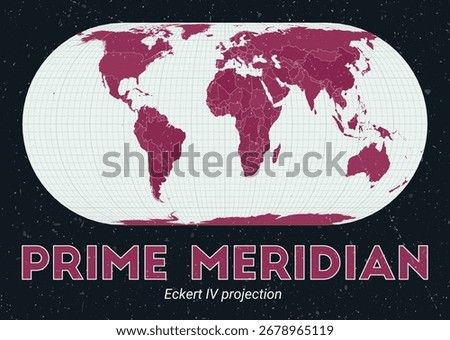 Prime Meridian. World map. Eckert IV projection centered to Prime Meridian. Pale Mint Dark Pink palette. Vintage texture. Elegant vector illustration.