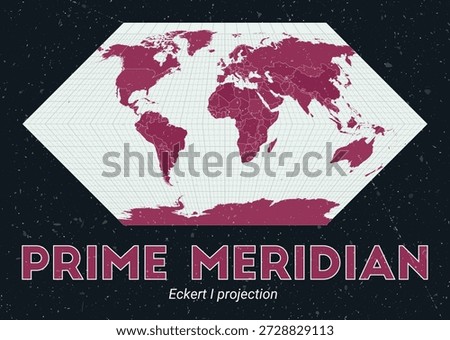 Prime Meridian. World map. Eckert I projection centered to Prime Meridian. Pale Mint Dark Pink palette. Vintage texture. Vibrant vector illustration.