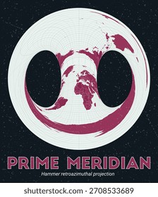 Meridiano Primo. Mapa do mundo. Projeção retroazimutal do martelo centrada no meridiano primário. Paleta de menta pálida rosa escuro. Textura vintage. Ilustração de vetor criativo.