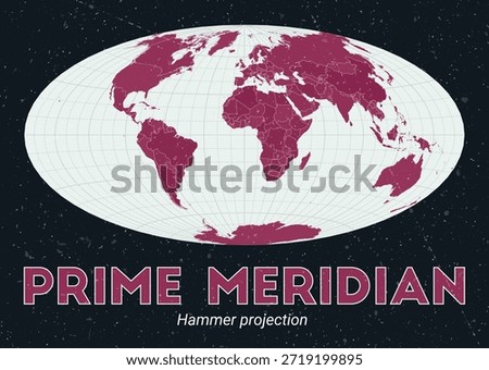 Prime Meridian. World map. Hammer projection centered to Prime Meridian. Pale Mint Dark Pink palette. Vintage texture. Stylish vector illustration.