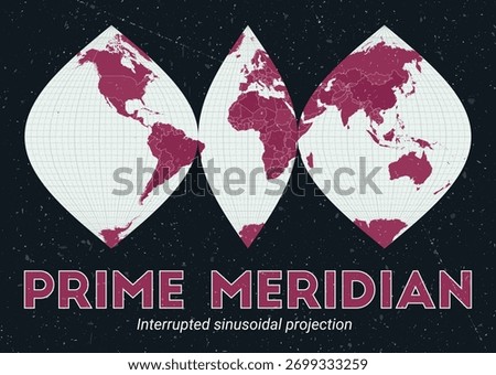 Prime Meridian. World map. Interrupted sinusoidal projection centered to Prime Meridian. Pale Mint Dark Pink palette. Vintage texture. Appealing vector illustration.