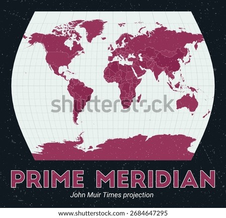 Prime Meridian. World map. John Muir Times projection centered to Prime Meridian. Pale Mint Dark Pink palette. Vintage texture. Neat vector illustration.
