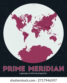 Primer Meridiano. Mapa mundial. Proyección conforme de Lagrange centrada en el meridiano primo. Pale Mint Dark Pink. Textura de Antiguas. Una Ilustración vectorial increíble.