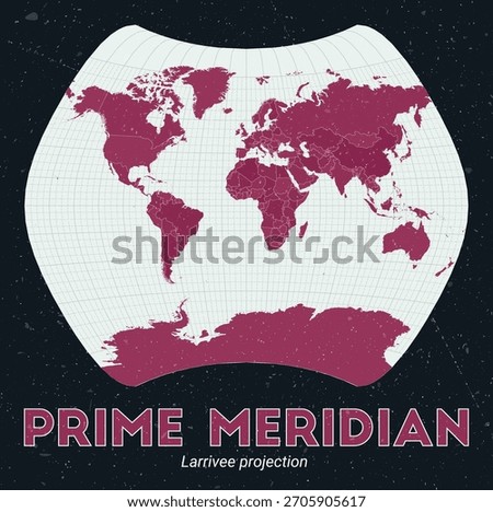 Prime Meridian. World map. Larrivee projection centered to Prime Meridian. Pale Mint Dark Pink palette. Vintage texture. Classy vector illustration.