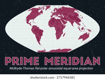 Primer Meridiano. Mapa mundial. Proyección de área igual sinusoidal de polo plano de McBryde-Thomas centrada en Prime Meridian. Pale Mint Dark Pink. Textura de Antiguas. Ilustración vectorial cautivadora.