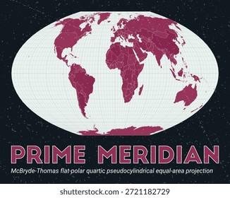Meridiano Primo. Mapa do mundo. Projeção quártica plana-polar de McBryde-Thomas pseudocilíndrica de área igual centrada em Prime Meridian. Paleta de menta pálida rosa escuro. Textura vintage.