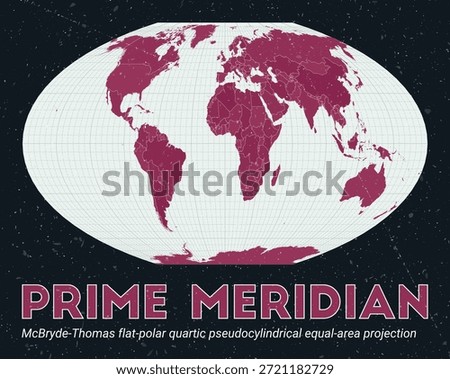Prime Meridian. World map. McBryde-Thomas flat-polar quartic pseudocylindrical equal-area projection centered to Prime Meridian. Pale Mint Dark Pink palette. Vintage texture.