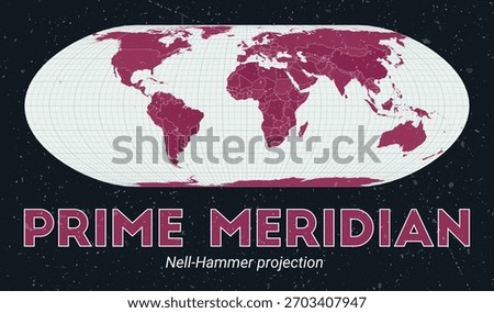 Prime Meridian. World map. Nell-Hammer projection centered to Prime Meridian. Pale Mint Dark Pink palette. Vintage texture. Stylish vector illustration.