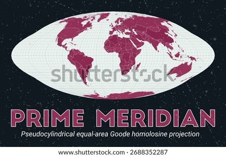 Prime Meridian. World map. Pseudocylindrical equal-area Goode homolosine projection centered to Prime Meridian. Pale Mint Dark Pink palette. Vintage texture. Captivating vector illustration.