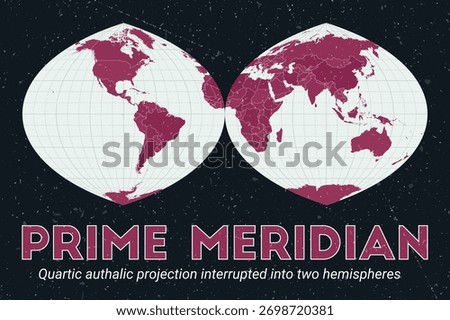 Prime Meridian. World map. Quartic authalic projection interrupted into two hemispheres centered to Prime Meridian. Pale Mint Dark Pink palette. Vintage texture. Captivating vector illustration.